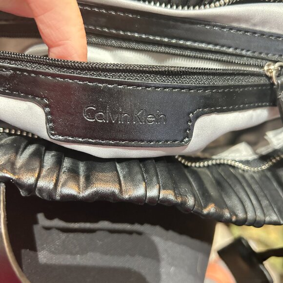 Vtg Calvin Klein #1979 Large Black Tote Bag Vegan Leather Ribbed Design Textured - Picture 7 of 12